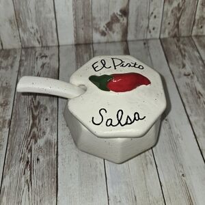 El Pinto Ceramic Salsa Bowl w/ Spoon Red Chili Pepper Lid 4.5" Southwest EUC
